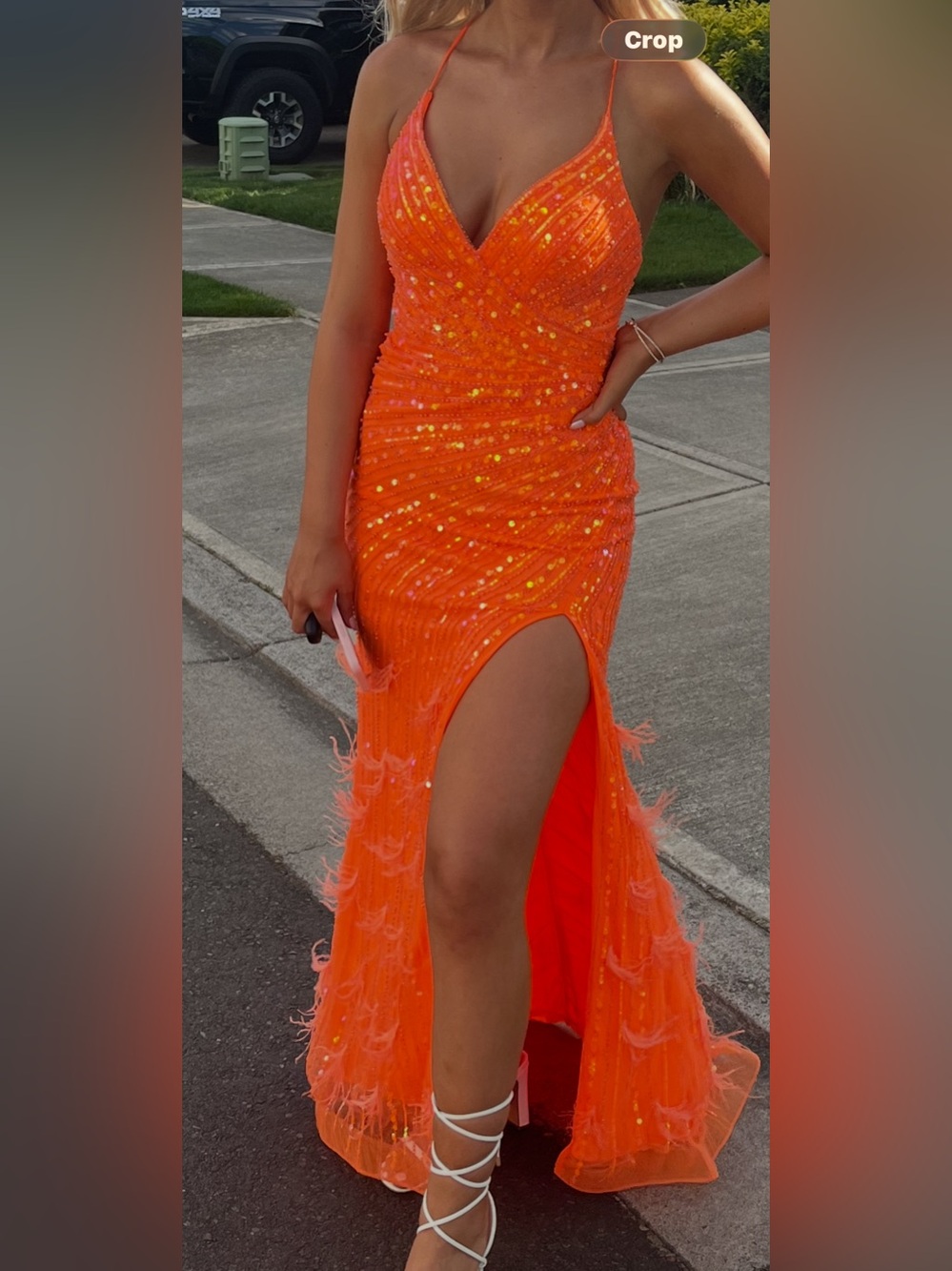 Spaghetti Strap Neon Orange Sequin Prom Dress with Feather Trim